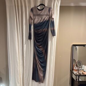 Amazon Elegant Blue and Brown Gradient Long Sleeve Dress